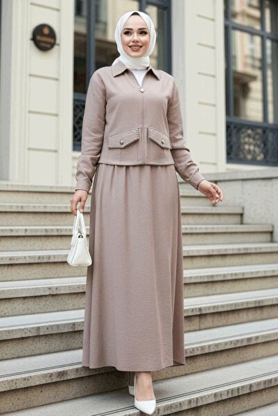 N.S NEVA STYLE طقم مكون من قطعتين مع تنورة حجاب بيج داكن بسحاب 44751KBEJ