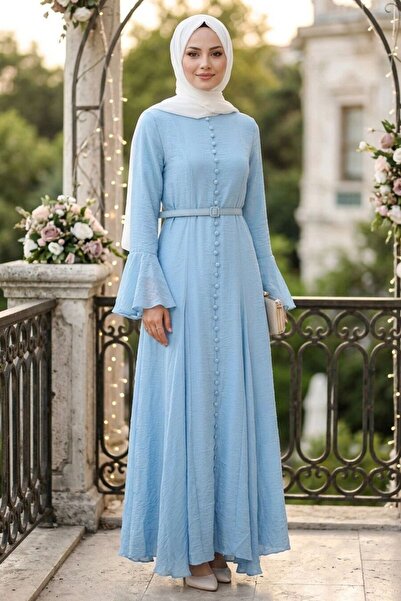N.S NEVA STYLE Buttoned Belted Flounce Sleeves Tulle Modal Blue Islamic Dress...