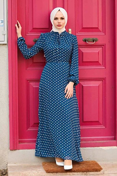 Neva Style - Polka Dot Navy Blue Hijab Dress 27909L
