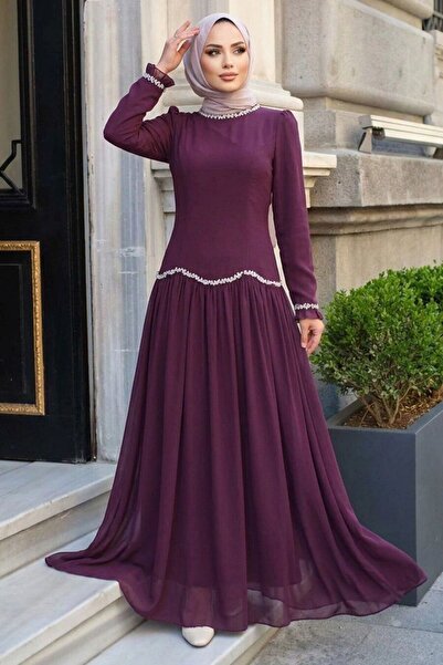 N.S NEVA STYLE Beaded Detailed Plum Hijab Evening Dress 55212Mu