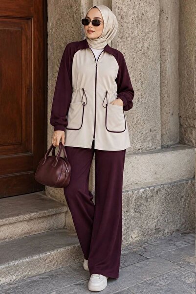 Neva Style Garnili Fermuar Detaylı Oysho Bordo Tesettür Pantolon Takım 10417BR