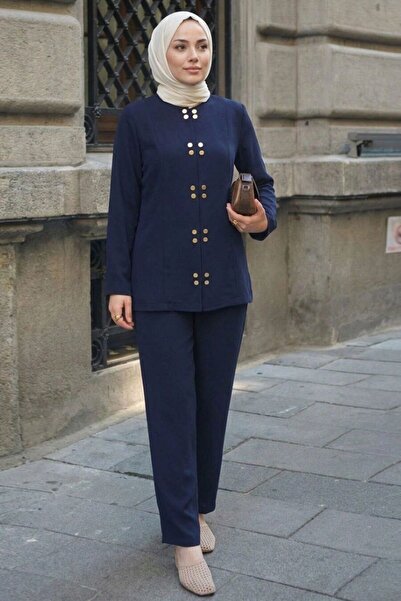 Neva Style Snap Detailed Navy Blue Hijab Double Set 1368L