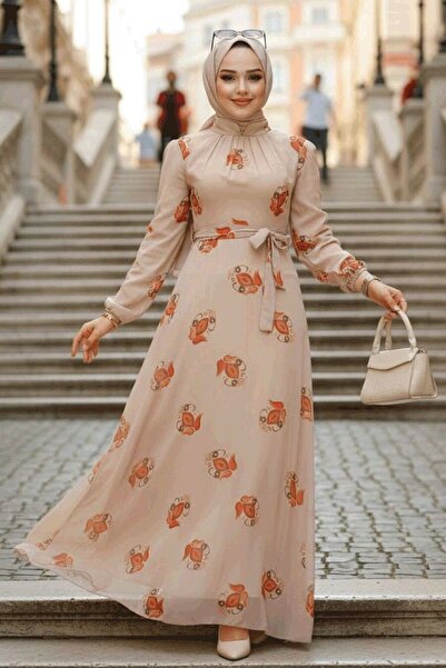 Neva Style Çiçek Desenli Vizon Tesettür Elbise 27937V