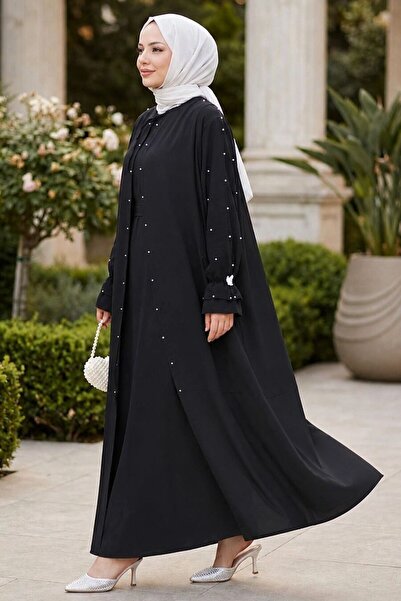 Neva Style Pearl Detailed Black Hijab Abaya Dress 10271S