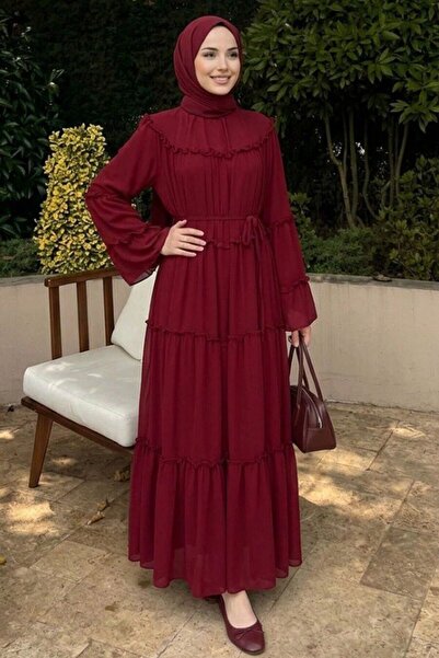 N.S NEVA STYLE Ruffle Detailed Tie-Waist Burgundy Hijab Dress 2479Br