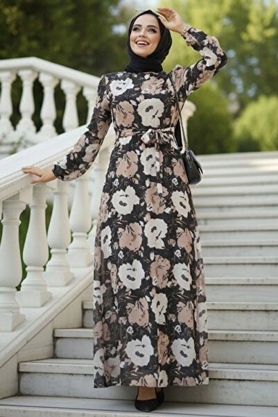 Neva Style Çiçek Desenli Siyah Tesettür Elbise 27939S