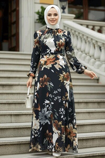 Neva Style Floral Patterned Black Hijab Dress 27942S