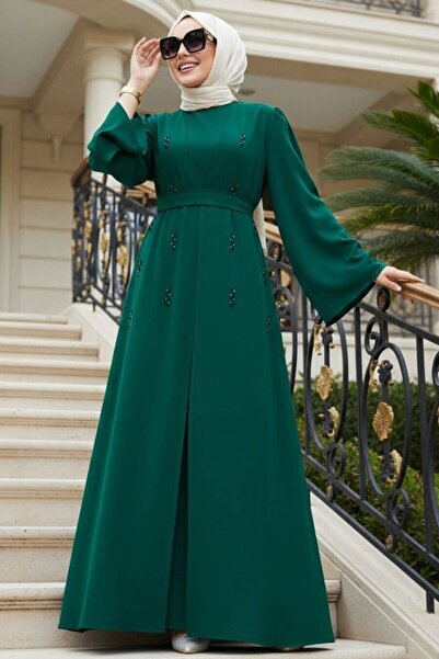 Neva Style Green Hijab Abaya with Stone Appliques 82412Y