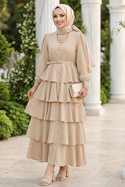Neva Style İthal Krep Kat Kat Detaylı Bej Tesettür Elbise 95721BEJ