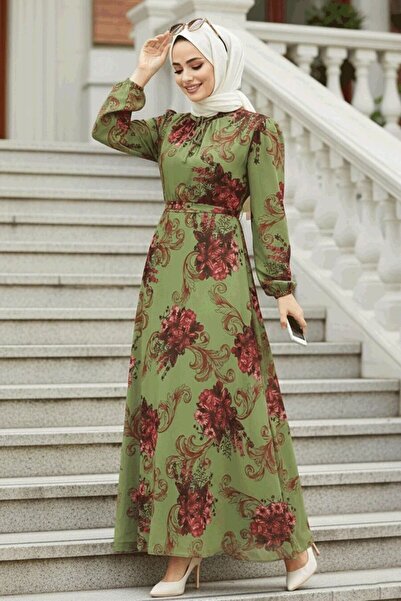 Neva Style Floral Patterned Khaki Hijab Dress 27921Hk