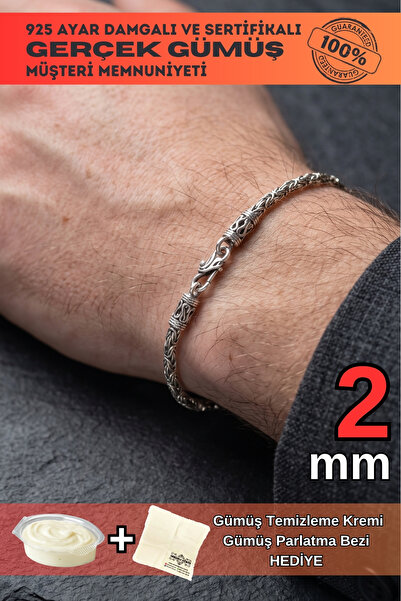 OSMANLI GÜMÜŞ Erkek Gümüş Bileklik - 2mm Kancalı Kral 925 Ayar Sertifikalı Fa...
