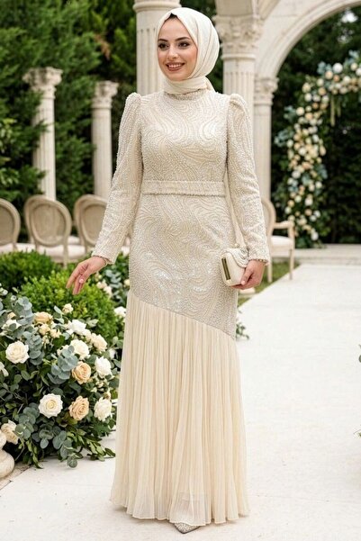 N.S NEVA STYLE Boncuk İşlemeli Krem Tesettür Abiye Elbise 51621KR