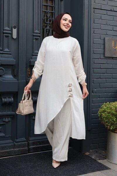 N.S NEVA STYLE Asymmetrical Detailed Ecru Hijab Double Set 7656E