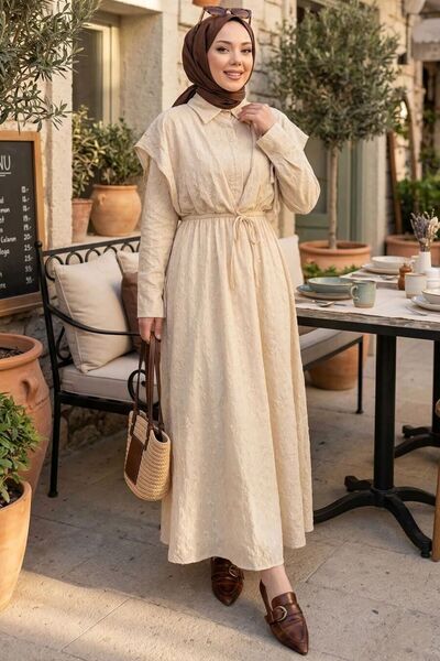 N.S NEVA STYLE Beige Hijab Dress with Waist Tie 20231Bej