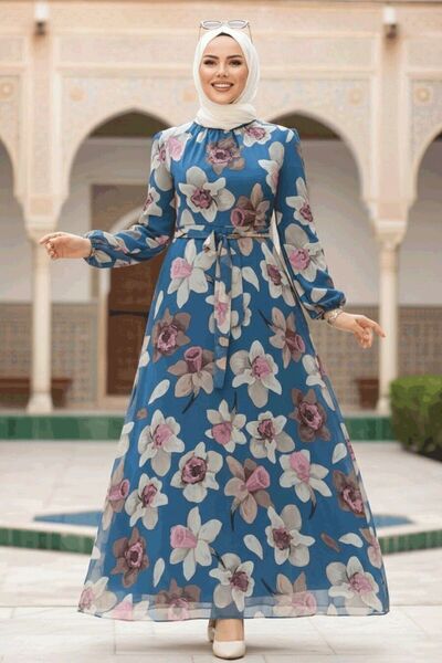 Neva Style Floral Patterned Indigo Blue Hijab Dress 279325Im