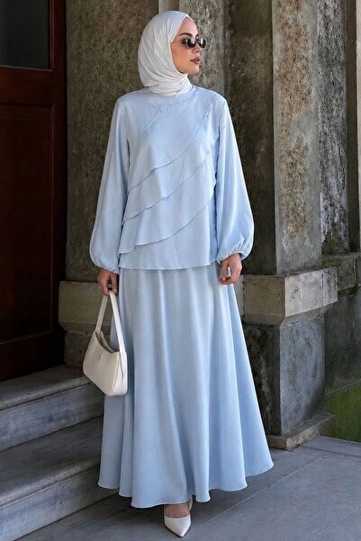 Neva Style Asymmetrical Layered Ruffle Detailed Blue Hijab Set 5331m