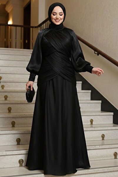 N.S NEVA STYLE فستان سهرة أسود بتفاصيل مزركشة للحفلات الإسلامية 55821S