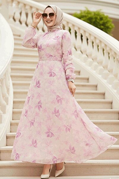 Neva Style Floral Patterned Dusty Rose Hijab Dress 279919 Gk