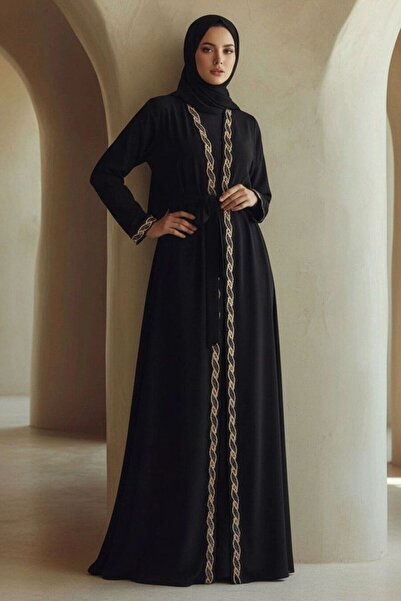 Neva Style فستان تشيتيشر أسود وبيج مع حزام وتفاصيل تطريز شريطية 29147SBEJ