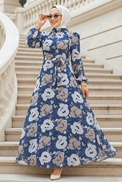Neva Style Floral Patterned Indigo Blue Hijab Dress 27939Im