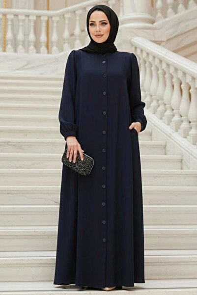 Neva Style Buttoned Navy Blue Hijab Abaya 45283L