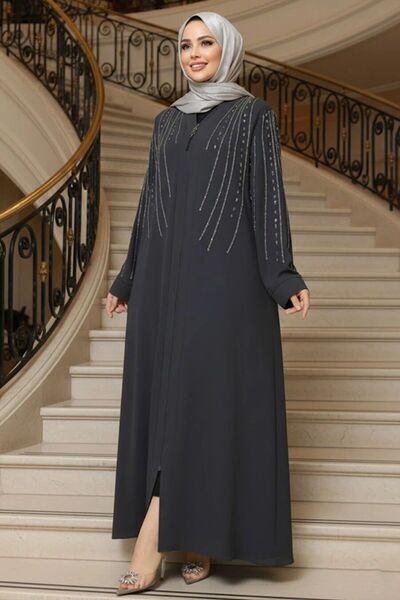 Neva Style Boncuk İşlemeli Füme Tesettür Abaya 29111FU