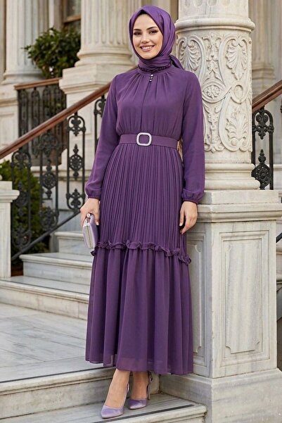 N.S NEVA STYLE Dark Lilac Hijab Dress with Buckle Belt 24683Klila