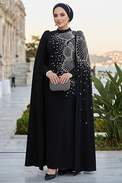 Neva Style Black Hijab Evening Dress with Sleeves Cape 51671S