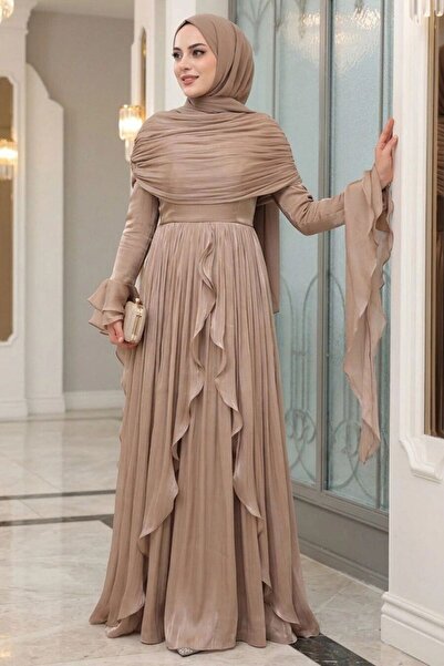 N.S NEVA STYLE - Ruffle Detailed Mink Hijab Evening Dress 53981V