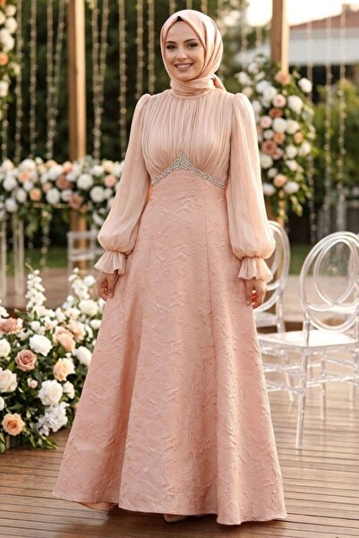 N.S NEVA STYLE Boncuk Detaylı Bej Tesettür Abiye Elbise 80178BEJ