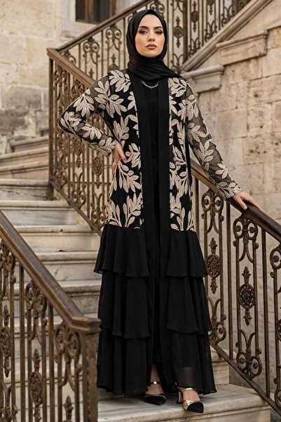 Neva Style Guipure Lace Detailed Black Hijab Abaya 63260S