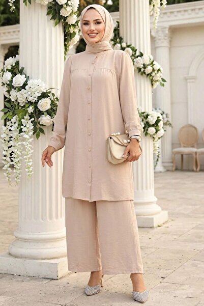 Neva Style Buttoned Beige Modest Two-Piece Set 12172BEJ