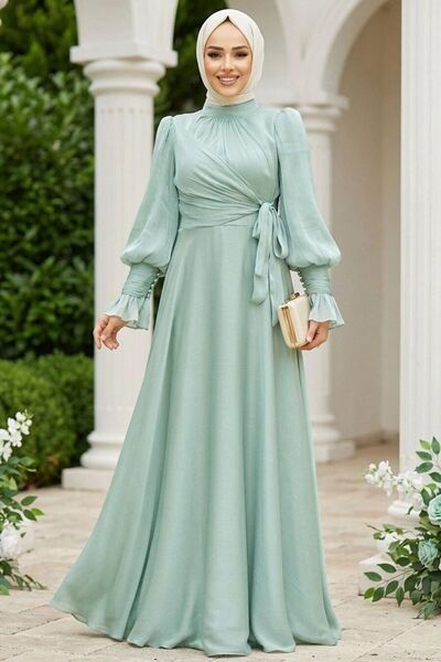 Neva Style فستان سهرة حجاب أخضر بتفاصيل مربوطة 48051CY