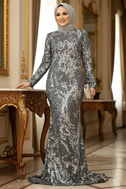 Neva Style Pul Payet İşlemeli Gri Tesettür Abiye Elbise 951GR