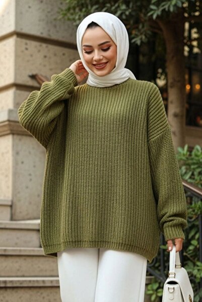 N.S NEVA STYLE Yağ Yeşili Tesettür Triko Kazak 8854YY