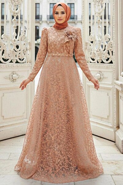 Neva Style فستان سهرة ذهبي مزين بالدانتيل 22421GOLD