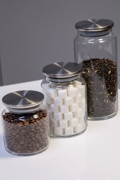 ÖZ HOME 3-Pack 1300/800/500 ml Vacuum Metal Lid Tea/Sugar/Salt/Coffee Jar Gla...