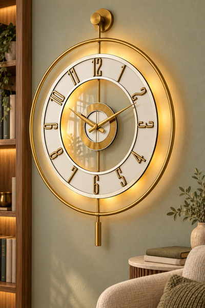 Pey Aksesuar Metal Camlı Duvar Saati 50 X 70 Cm Orta Boy Işıklı Gerçek Cam gold-şeffaf-beyaz-gold