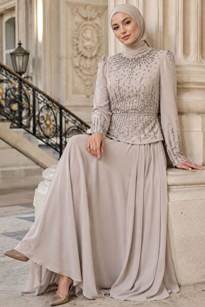 N.S NEVA STYLE Beaded Crepe Beige Hijab Evening Dress 5683Bej