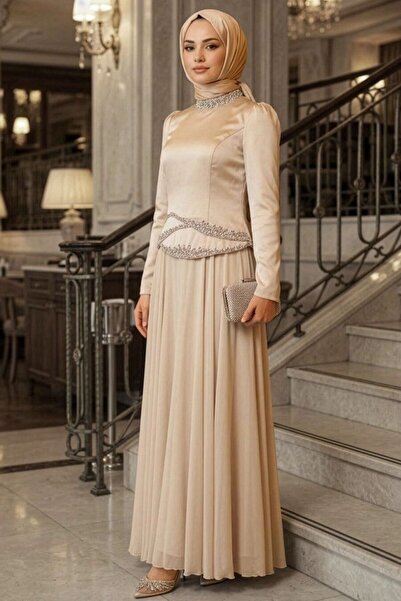 N.S NEVA STYLE فستان سهرة بيج مزين بالخرز 55991BEJ