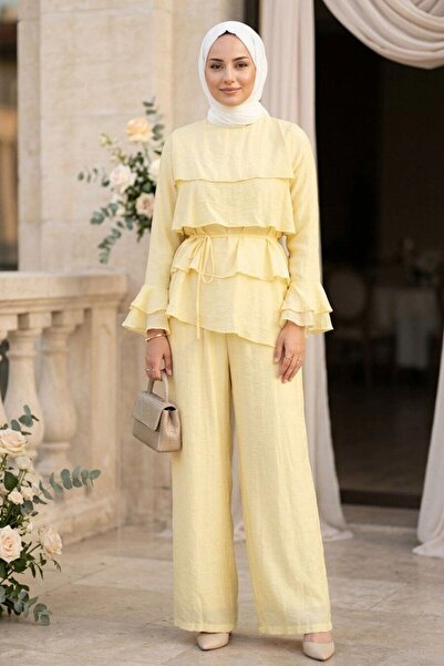 Neva Style Katlı Fırfır Detaylı Kuşaklı Tül Modal Sarı Tesettür Takım 31021SR