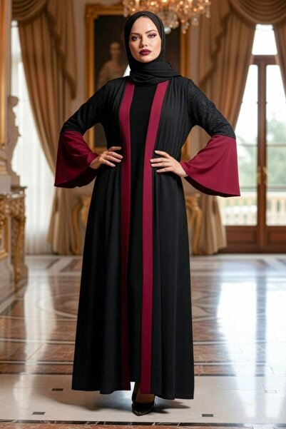 Neva Style عباية تيسيتير باللون العنابي مع تفاصيل على الأكمام 55510BR