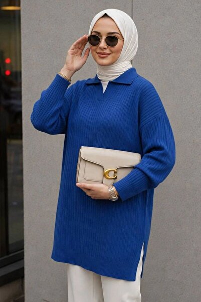 N.S NEVA STYLE Ribbed Sax Blue Hijab Knitwear Tunic 65903Sx