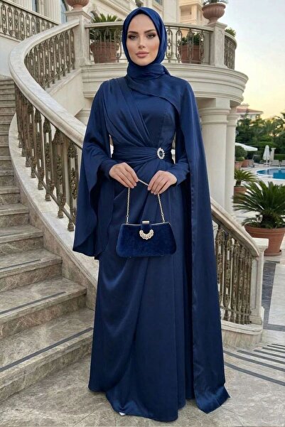 N.S NEVA STYLE Cape-Style Navy Blue Hijab Evening Dress 54901L