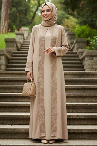Neva Style عباءة تيسيتور بيج بحزام وتطريز هندسي 29142BEJ