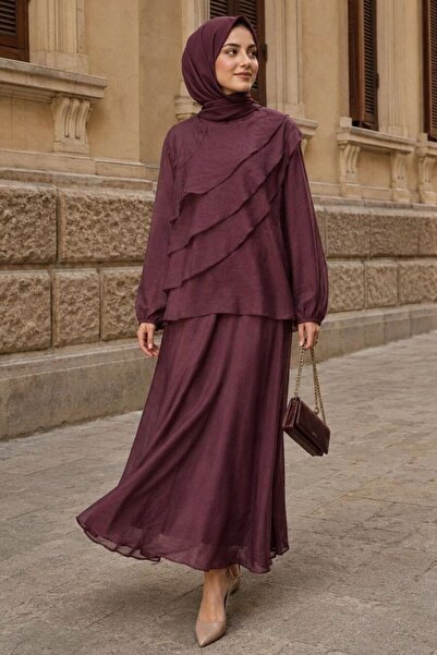 Neva Style Asymmetrical Layered Ruffle Detailed Plum Hijab Set 5331Mu