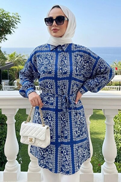 N.S NEVA STYLE تونيك محتشم منقوش باللون الأزرق الداكن 26601L