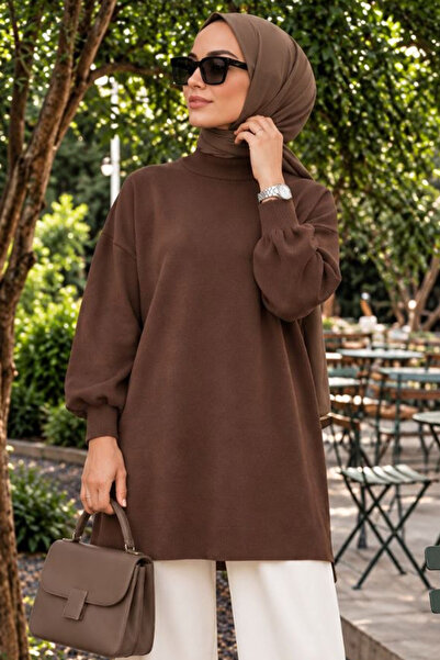 N.S NEVA STYLE Boğazlı Kahverengi Tesettür Triko Kazak 10381KH