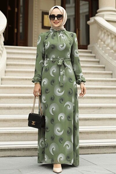 Neva Style فستان حجاب منقوش باللون الأخضر الفستقي 27945FY