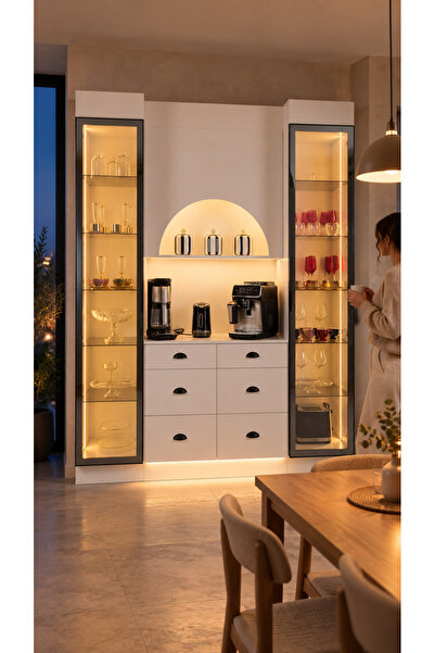 Dodef Wood Kahve Köşesi Dolabı %100 MDF LED Aydınlatmalı 6 Çekmeceli High Glo...